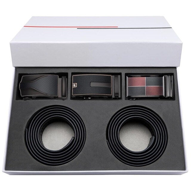 Gift Set Belt for Men Cowskin Genuine Leather Belt Black Alloy Automatic Slide Ratchet Buckles Waist Strap Adjustable Barry.Wang