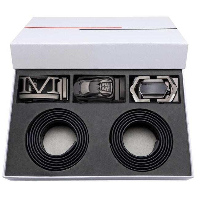 Gift Set Belt for Men Cowskin Genuine Leather Belt Black Alloy Automatic Slide Ratchet Buckles Waist Strap Adjustable Barry.Wang