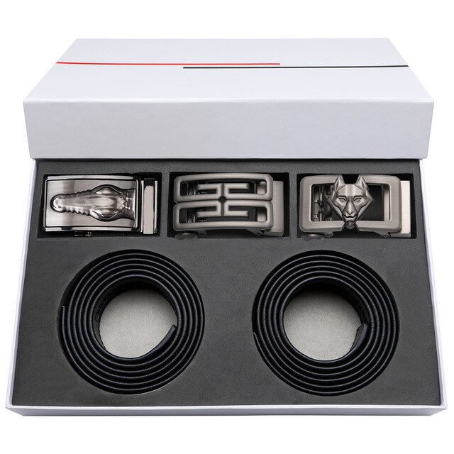 Gift Set Belt for Men Cowskin Genuine Leather Belt Black Alloy Automatic Slide Ratchet Buckles Waist Strap Adjustable Barry.Wang