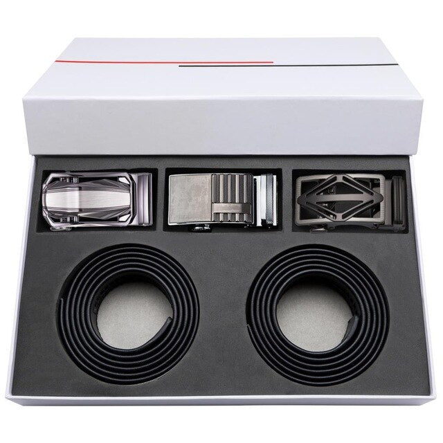 Gift Set Belt for Men Cowskin Genuine Leather Belt Black Alloy Automatic Slide Ratchet Buckles Waist Strap Adjustable Barry.Wang
