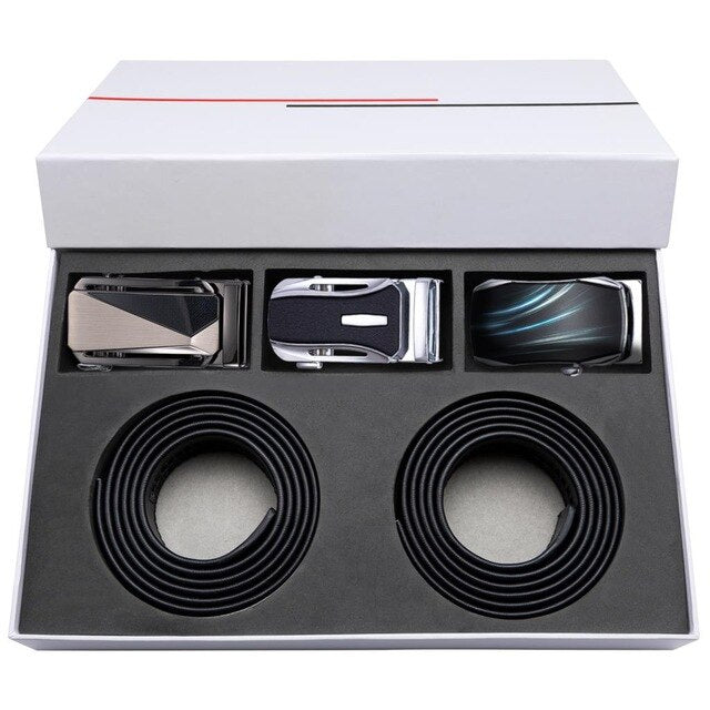 Gift Set Belt for Men Cowskin Genuine Leather Belt Black Alloy Automatic Slide Ratchet Buckles Waist Strap Adjustable Barry.Wang