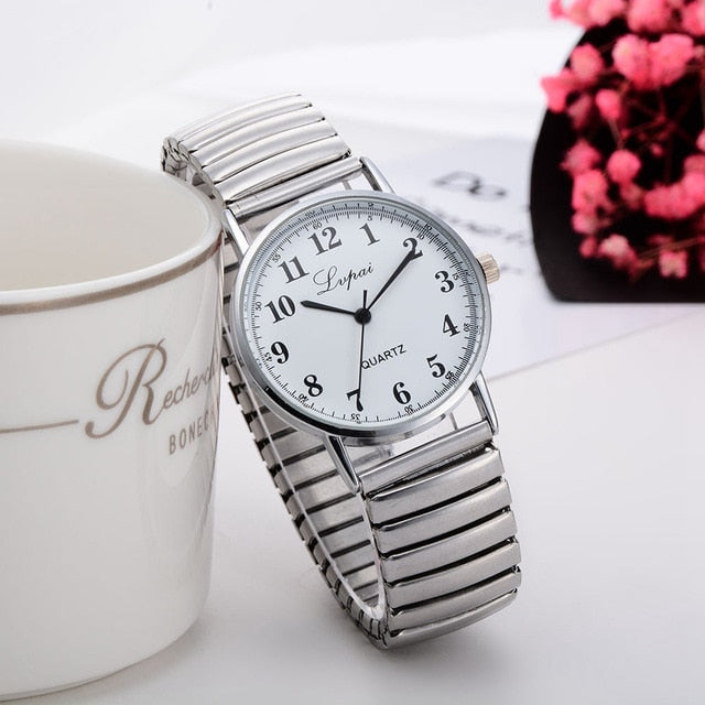 LVPAI Women's Watch Simulation Quartz Dress Stainless Steel With Clock Gift Fashion Elastic Telescopic Strap Ladies Watch