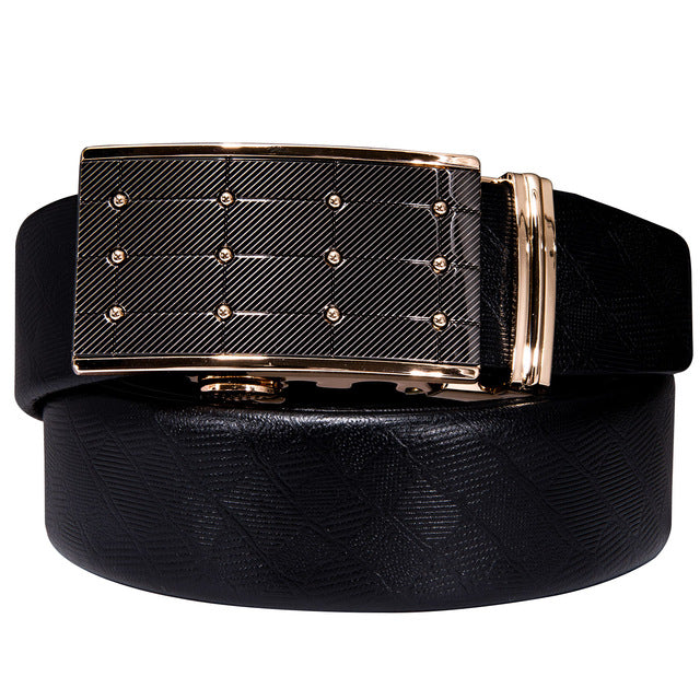 Gift Set Belt for Men Cowskin Genuine Leather Belt Black Alloy Automatic Slide Ratchet Buckles Waist Strap Adjustable Barry.Wang