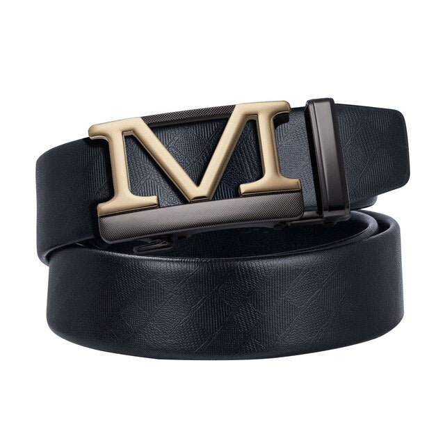 Gift Set Belt for Men Cowskin Genuine Leather Belt Black Alloy Automatic Slide Ratchet Buckles Waist Strap Adjustable Barry.Wang