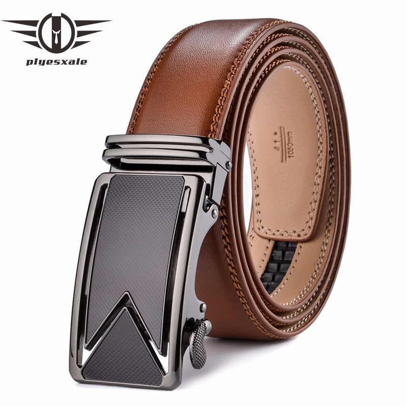 Plyesxale Men Belt 2018 Cowhide Genuine Leather Belts For Men Luxury Automatic Buckle Belts Brown Black Cinturones Hombre B55