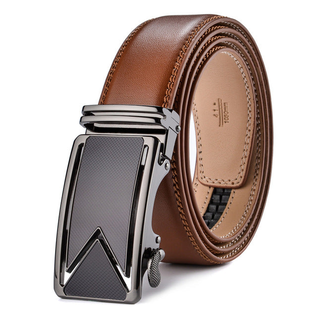 Plyesxale Men Belt 2018 Cowhide Genuine Leather Belts For Men Luxury Automatic Buckle Belts Brown Black Cinturones Hombre B55