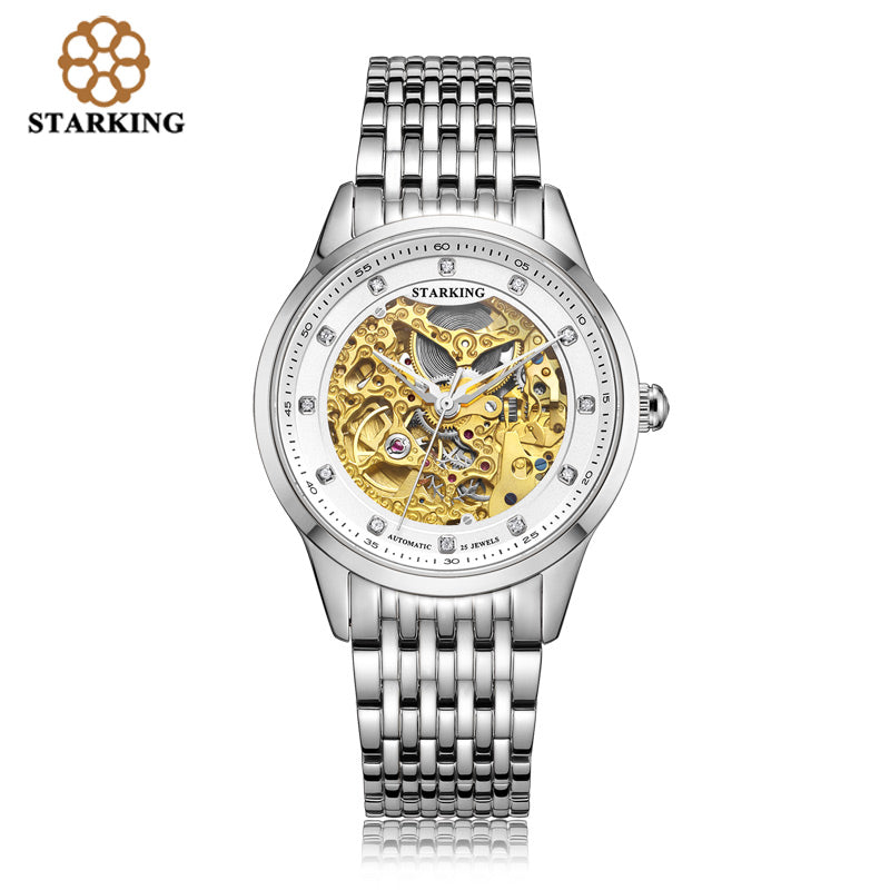 STARKING Golded Automatic Mechanical Skeleton Watch Men Geneva 2016 New Arrival Luxury Brand Genuine Leather Strap Retro Watch