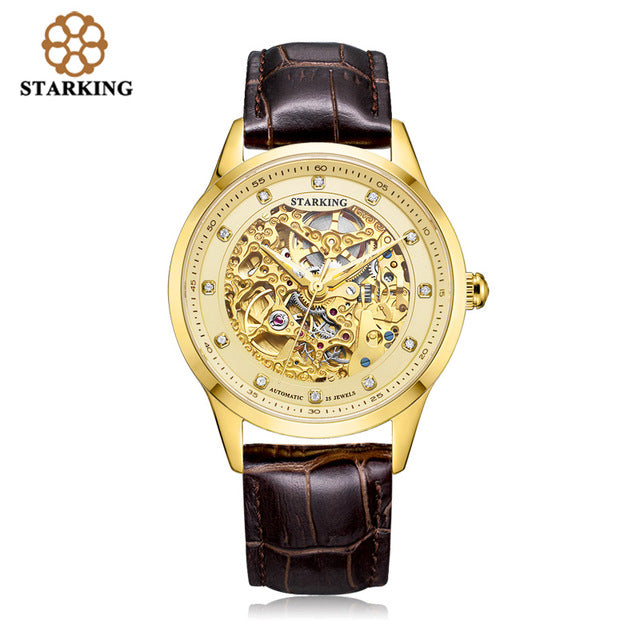 STARKING Golded Automatic Mechanical Skeleton Watch Men Geneva 2016 New Arrival Luxury Brand Genuine Leather Strap Retro Watch