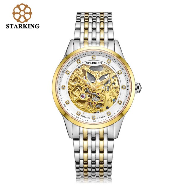 STARKING Golded Automatic Mechanical Skeleton Watch Men Geneva 2016 New Arrival Luxury Brand Genuine Leather Strap Retro Watch