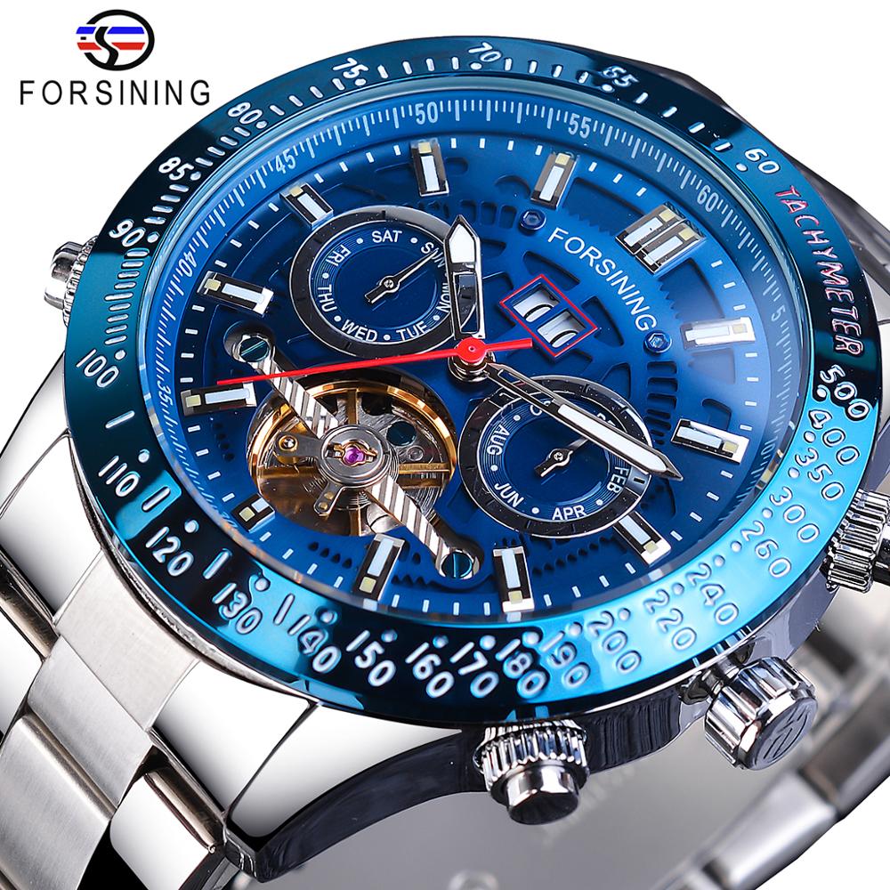 Forsining Mens Watches Mechianical Casual Man Watches Date Calendar Waterproof Blue Dial Stainless Steel Top Brand Fashion Clock