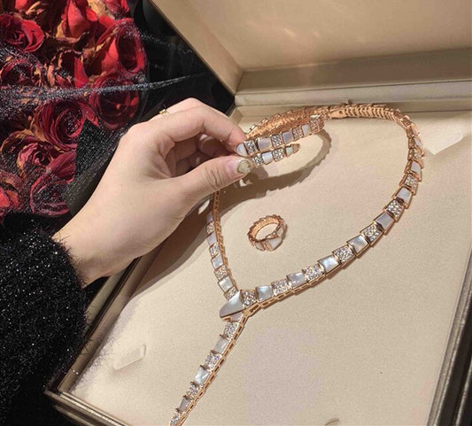 Hot party jewelry for women rose gold cz snake necklace mother of pearl shell snake bangle earring ring set famous brand jewelry