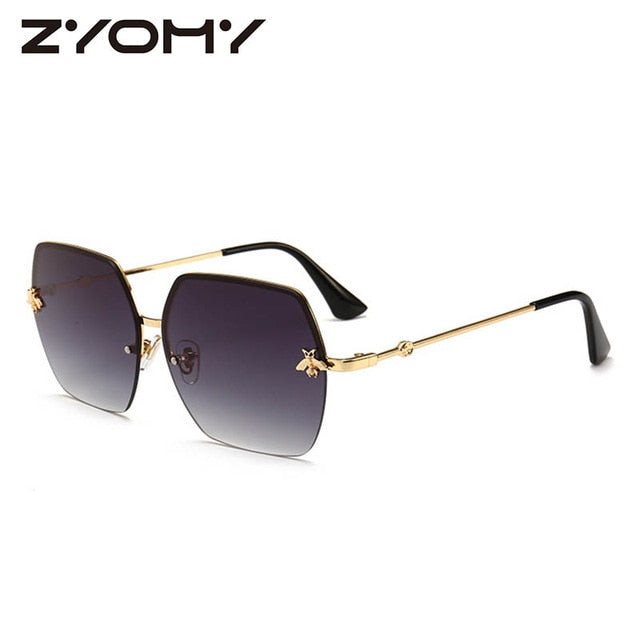 Women Sunglasses Brand Designer Square Metal Eyewear Honey Bee AccessoriesGradient Colors Lenses Driving Goggles UV400