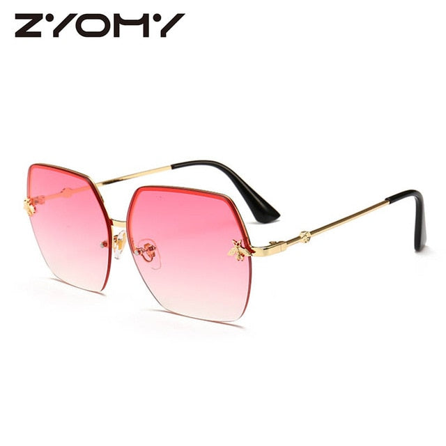 Women Sunglasses Brand Designer Square Metal Eyewear Honey Bee AccessoriesGradient Colors Lenses Driving Goggles UV400