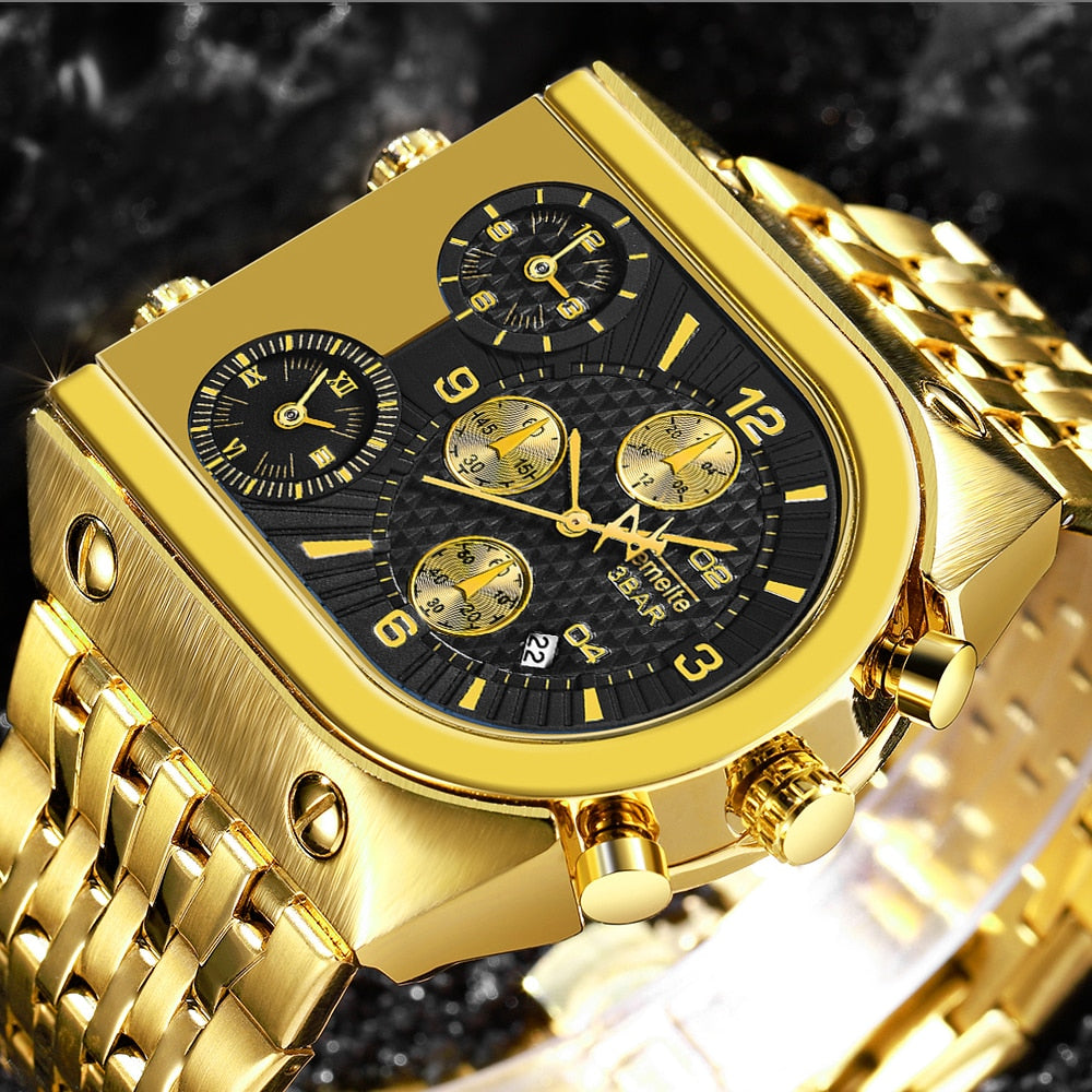 TEMEITE Quartz Mens Watches Top Brand Luxury Golden Clock 3 Time Zone Date Stainless Steel Strap Military Oversize Wristwatch