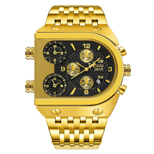 TEMEITE Quartz Mens Watches Top Brand Luxury Golden Clock 3 Time Zone Date Stainless Steel Strap Military Oversize Wristwatch