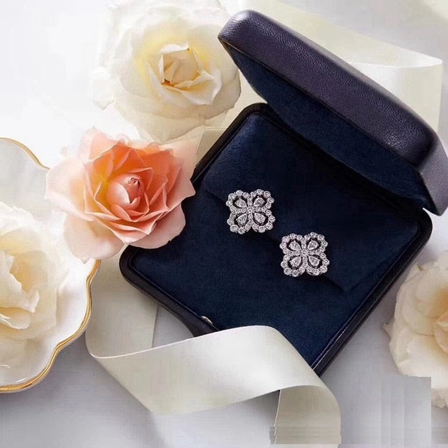 MY Zircon 925 Sterling Silver Four Leaf Clover Stud Earring + Collar Necklace Jewelry Set HW Women Wedding Jewelry Set
