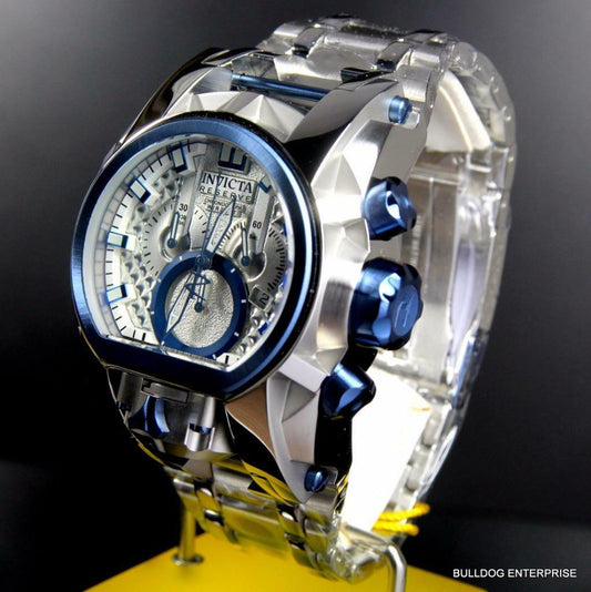 Invicta Reserve Bolt Zeus Magnum Swiss Steel Silver Blue 2 Dials 52mm Watch New