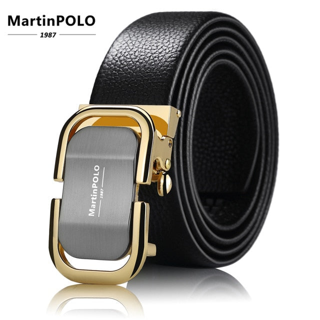 MartinPOLO Men Belt Genuine Leather Automatic Buckle Luxury Brand Male Belts Black Strap Original Natural Cowskin Belts MP01001P