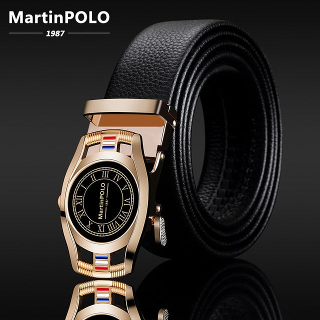 MartinPOLO Men Belt Genuine Leather Automatic Buckle Luxury Brand Male Belts Black Strap Original Natural Cowskin Belts MP01001P