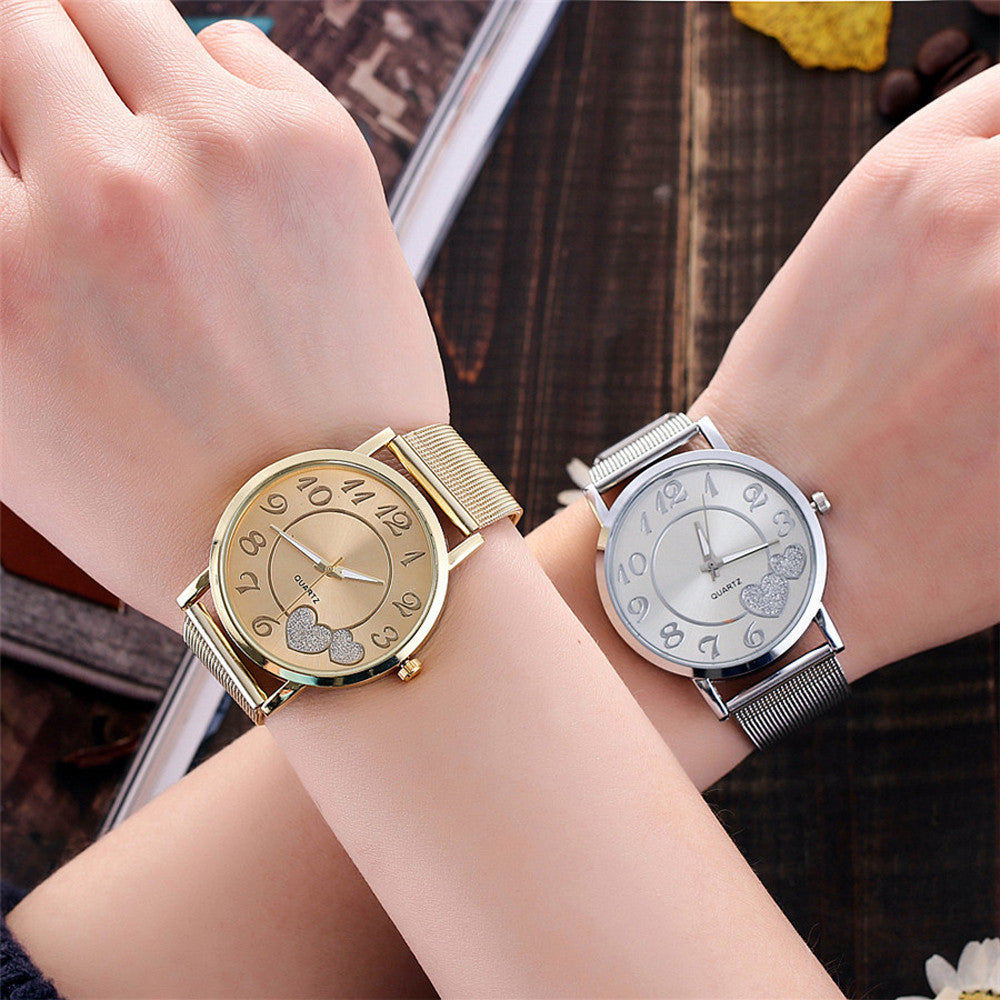 Women Silver Gold Mesh Love Heart Dial Wristwatches Relojes Para Mujer Ladies watch Fashion Casual Women's Steel Quartz Watches