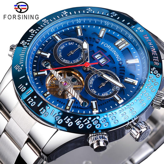 Forsining Mens Watches Mechianical Casual Man Watches Date Calendar Waterproof Blue Dial Stainless Steel Top Brand Fashion Clock