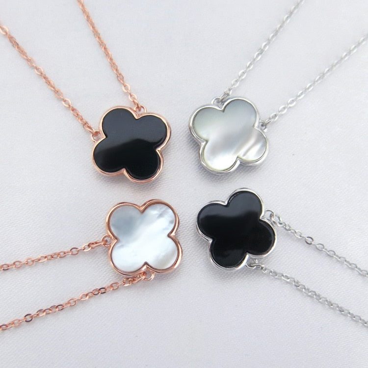 S925 Sterling Silver Necklace Double-Sided Jelly Clover Black Agate Rose Gold Pendant Europe And America Versitile Fashion Choke