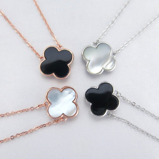 S925 Sterling Silver Necklace Double-Sided Jelly Clover Black Agate Rose Gold Pendant Europe And America Versitile Fashion Choke