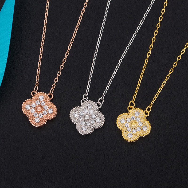 S925 Fine Silver Lucky Clover Full of Crystals Necklace Simple Versatile Micro Pave Women's Pendant Choker a Generation of Fat