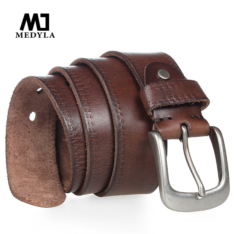 MEDYLA Italian Cow Leather Belt Vintage Cowboys Full Grain Genuine Leather Soft Coffee Luxury Designer Belts High Quality Strap