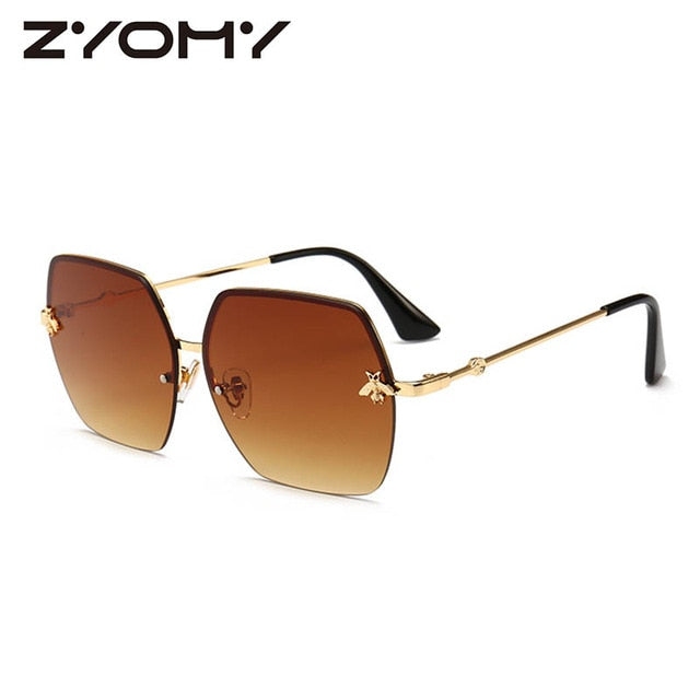 Women Sunglasses Brand Designer Square Metal Eyewear Honey Bee AccessoriesGradient Colors Lenses Driving Goggles UV400