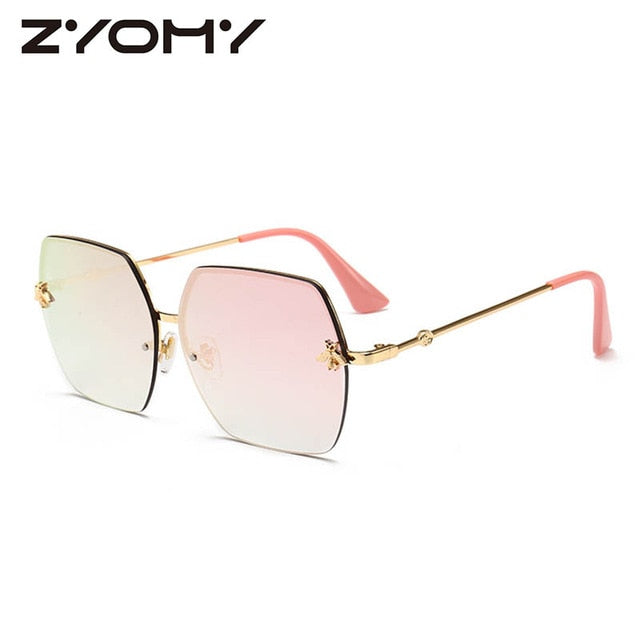 Women Sunglasses Brand Designer Square Metal Eyewear Honey Bee AccessoriesGradient Colors Lenses Driving Goggles UV400