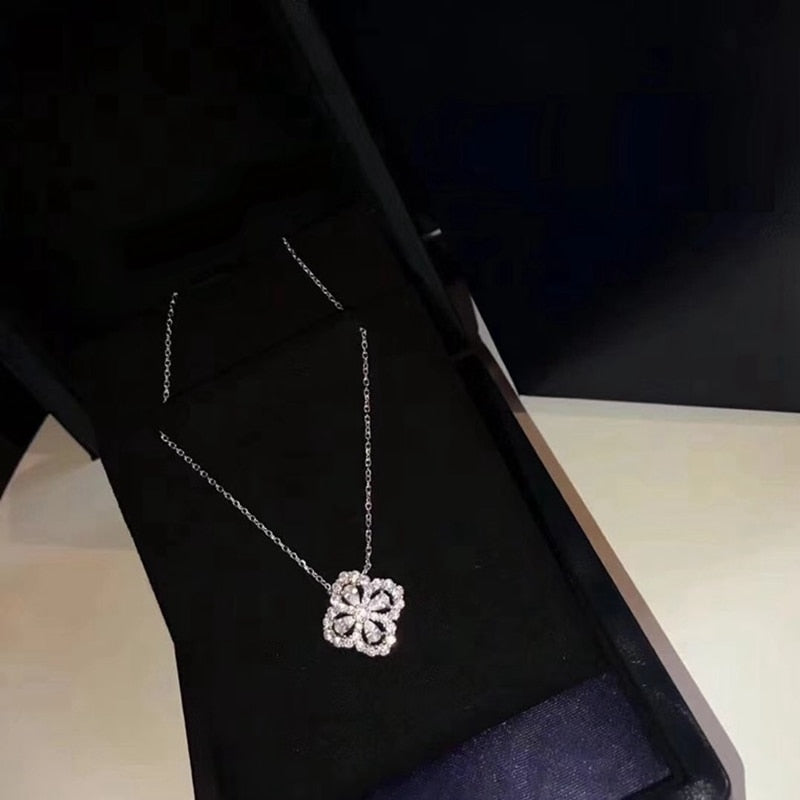 MY Zircon 925 Sterling Silver Four Leaf Clover Stud Earring + Collar Necklace Jewelry Set HW Women Wedding Jewelry Set