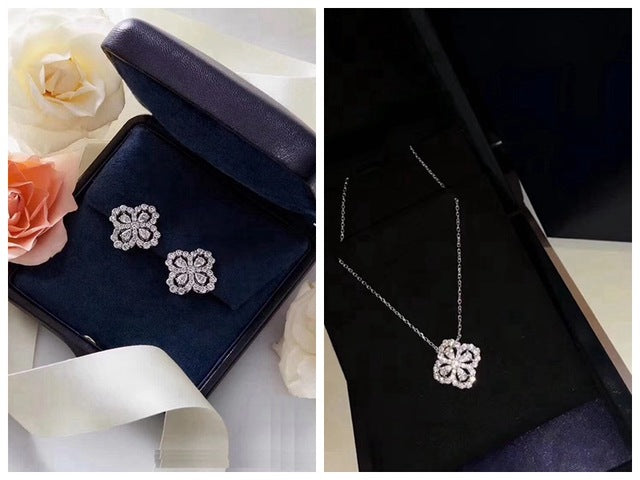 MY Zircon 925 Sterling Silver Four Leaf Clover Stud Earring + Collar Necklace Jewelry Set HW Women Wedding Jewelry Set