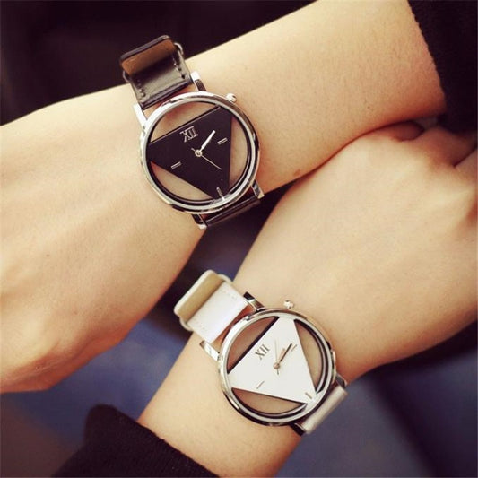 Unisex watches New Design Fashion Ladies Watches Elegant Hollow Triangle Watch Fashion Women Thin Leather Strap Quartz Watch *A