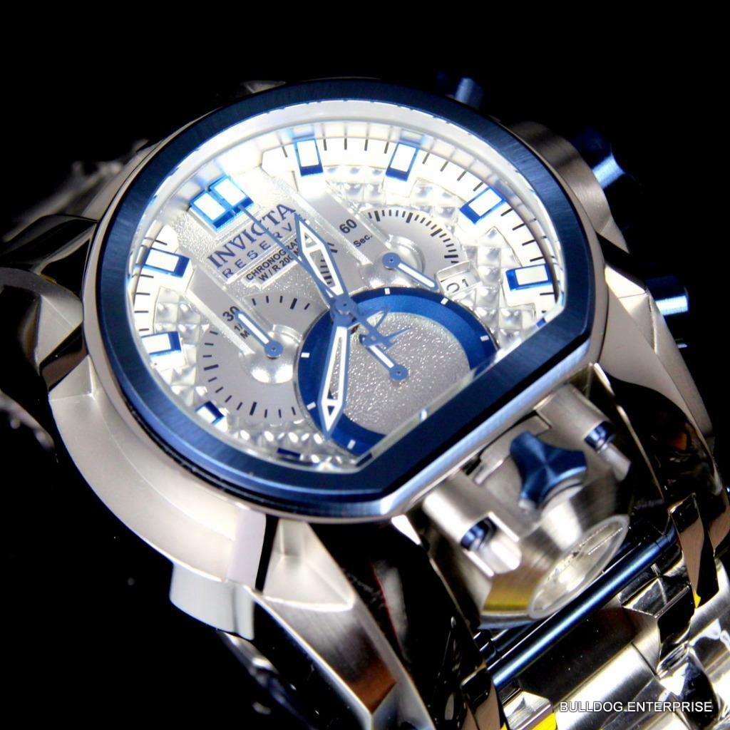 Invicta Reserve Bolt Zeus Magnum Swiss Steel Silver Blue 2 Dials 52mm Watch New