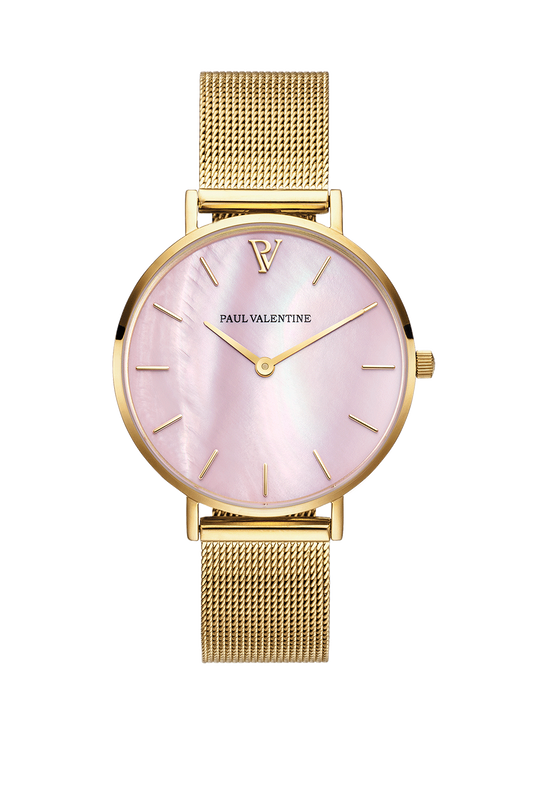 Paul Valentine Gold Pink Seashell Mesh Watch